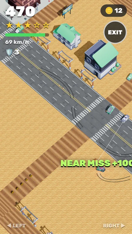 Top-down chase on a desert road, with the score, wanted stars and speed at the top