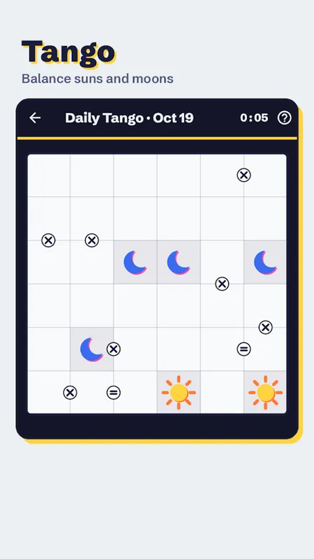 A Tango puzzle board in Pocket Logic